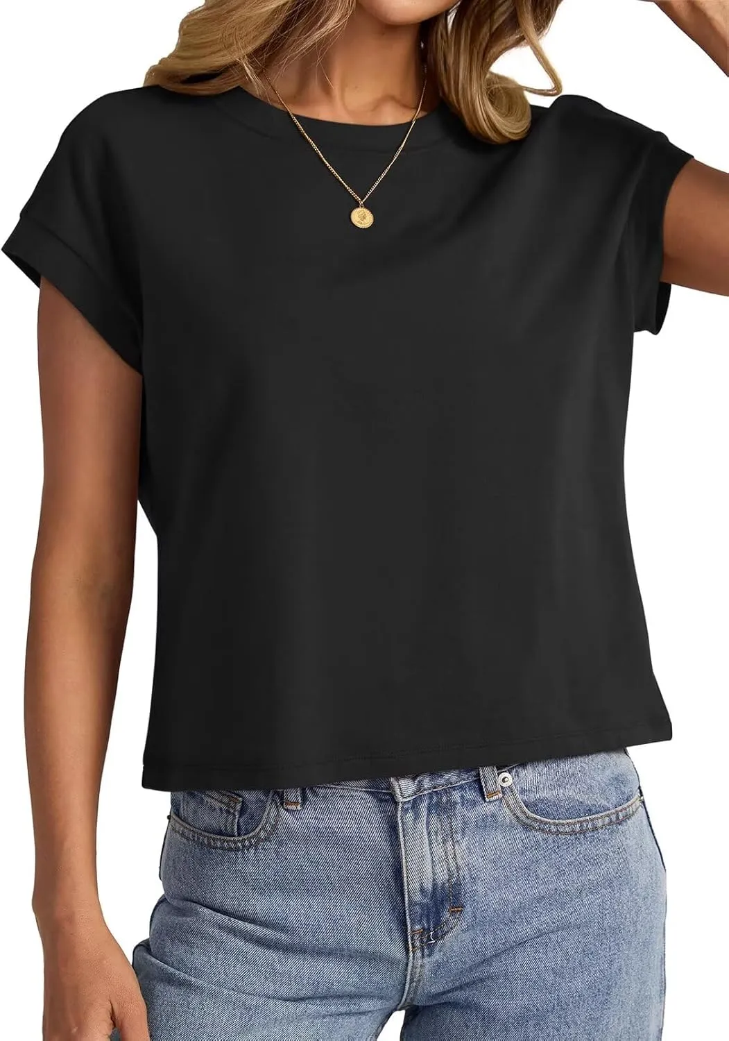 Womens Cap Sleeve Crop Tops Cotton T Shirts Crewneck Loose Fit Short Sleeves Tee Summer Fashion Clothes 2025