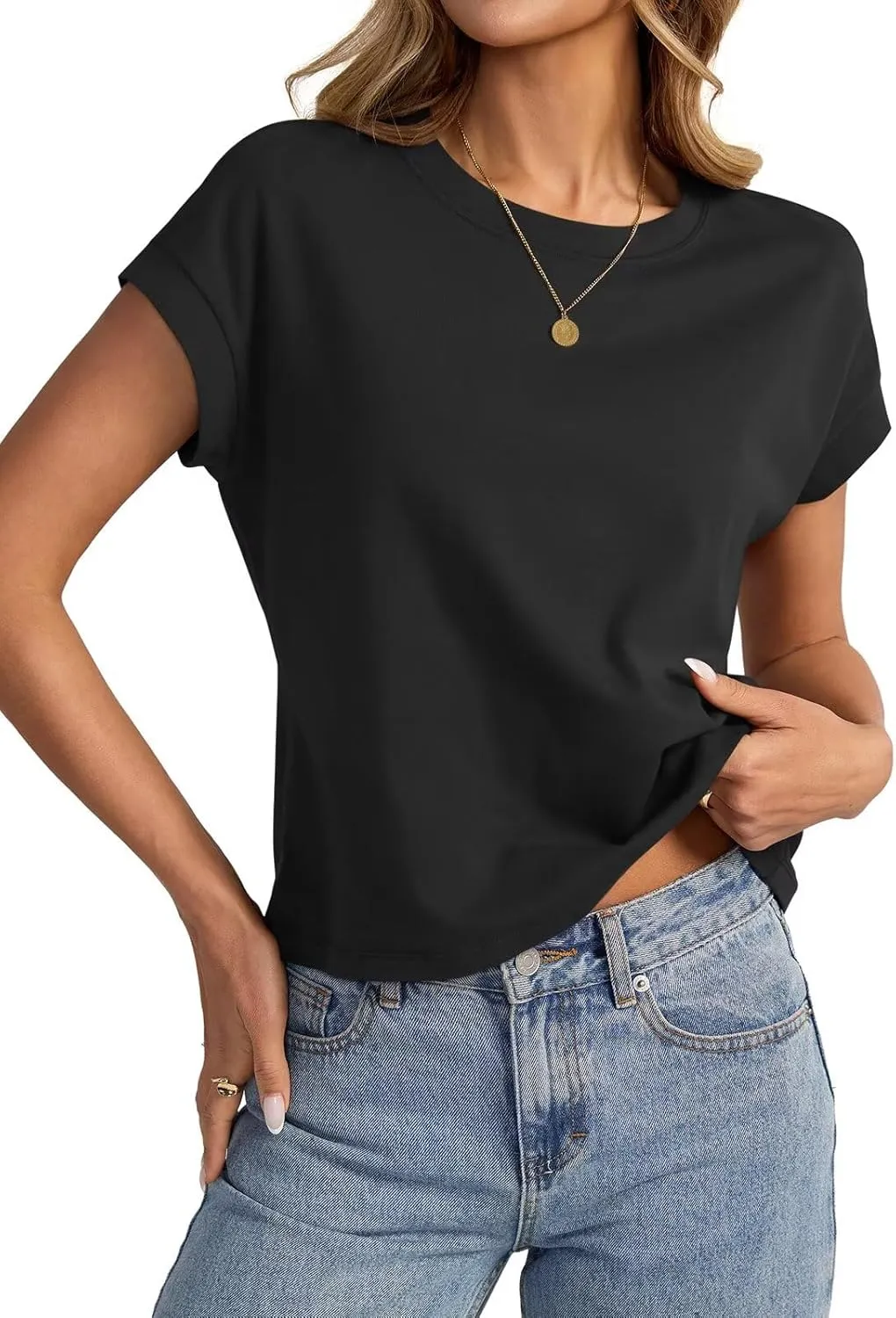Womens Cap Sleeve Crop Tops Cotton T Shirts Crewneck Loose Fit Short Sleeves Tee Summer Fashion Clothes 2025