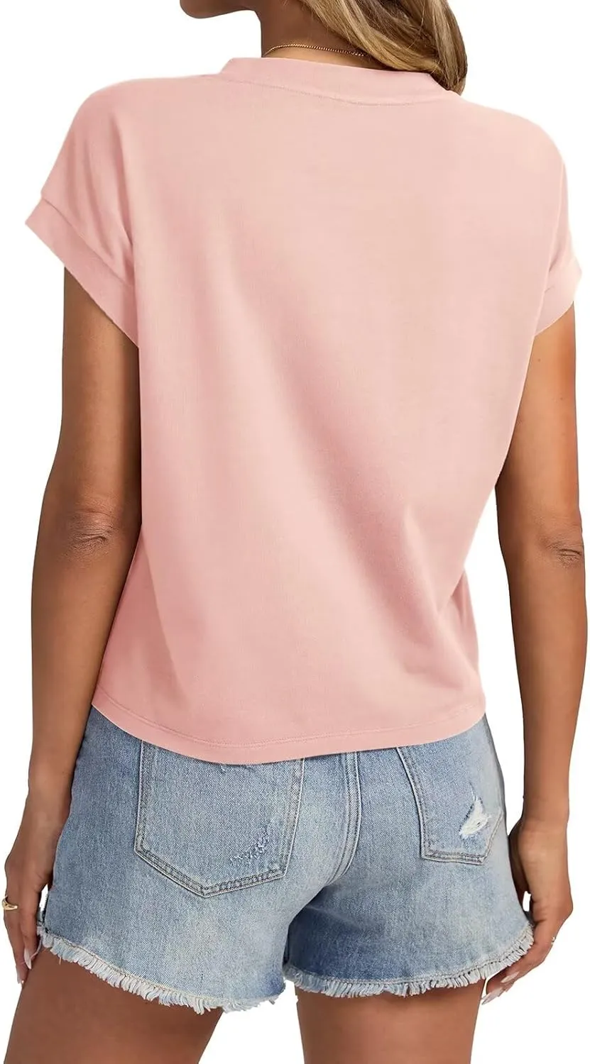 Womens Cap Sleeve Crop Tops Cotton T Shirts Crewneck Loose Fit Short Sleeves Tee Summer Fashion Clothes 2025