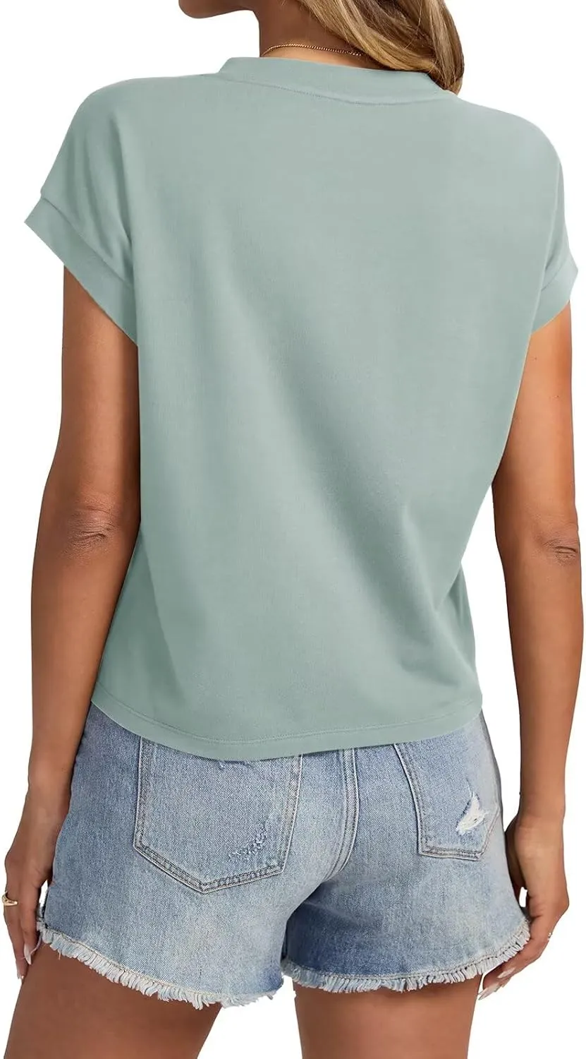 Womens Cap Sleeve Crop Tops Cotton T Shirts Crewneck Loose Fit Short Sleeves Tee Summer Fashion Clothes 2025