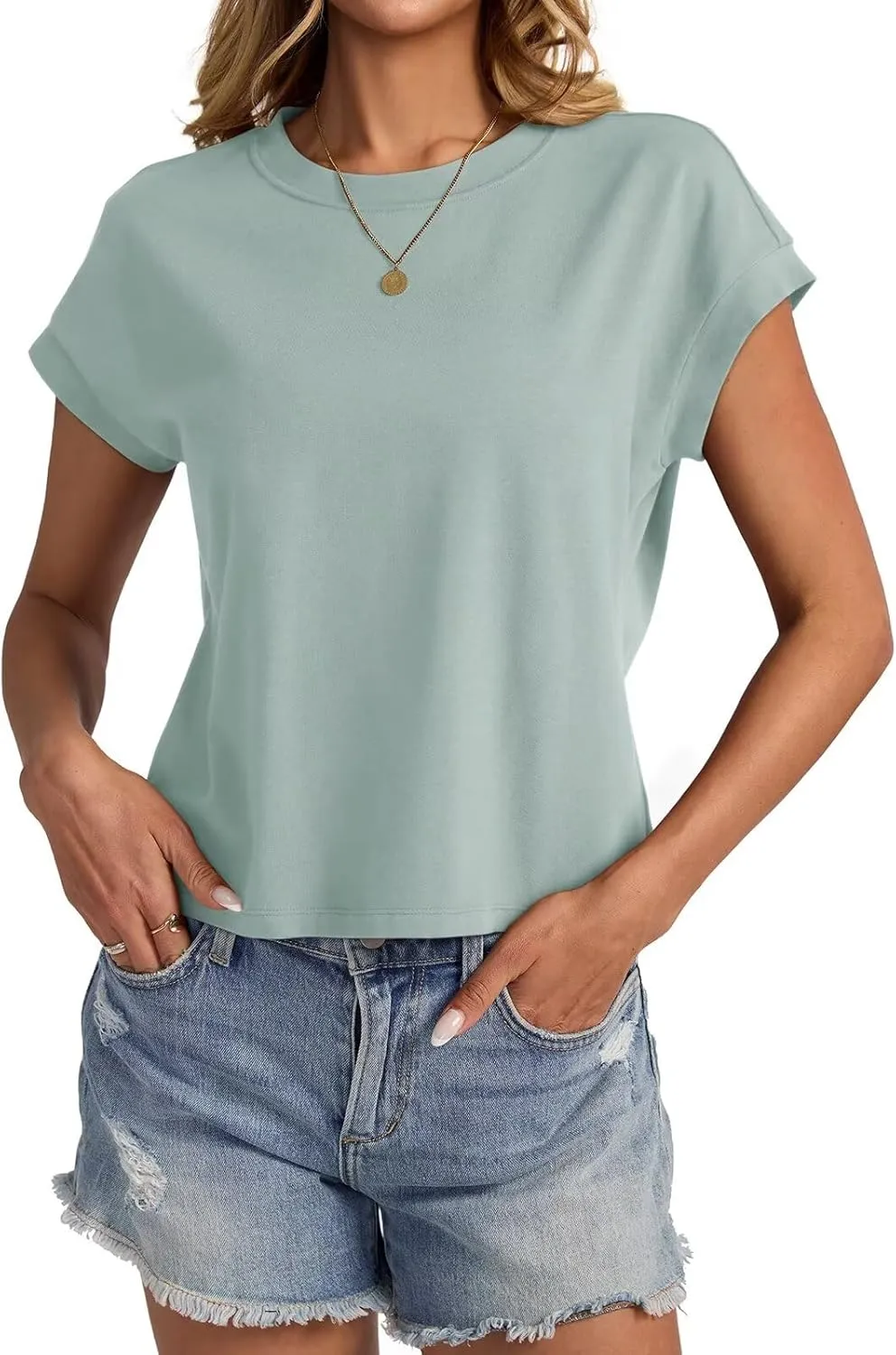 Womens Cap Sleeve Crop Tops Cotton T Shirts Crewneck Loose Fit Short Sleeves Tee Summer Fashion Clothes 2025