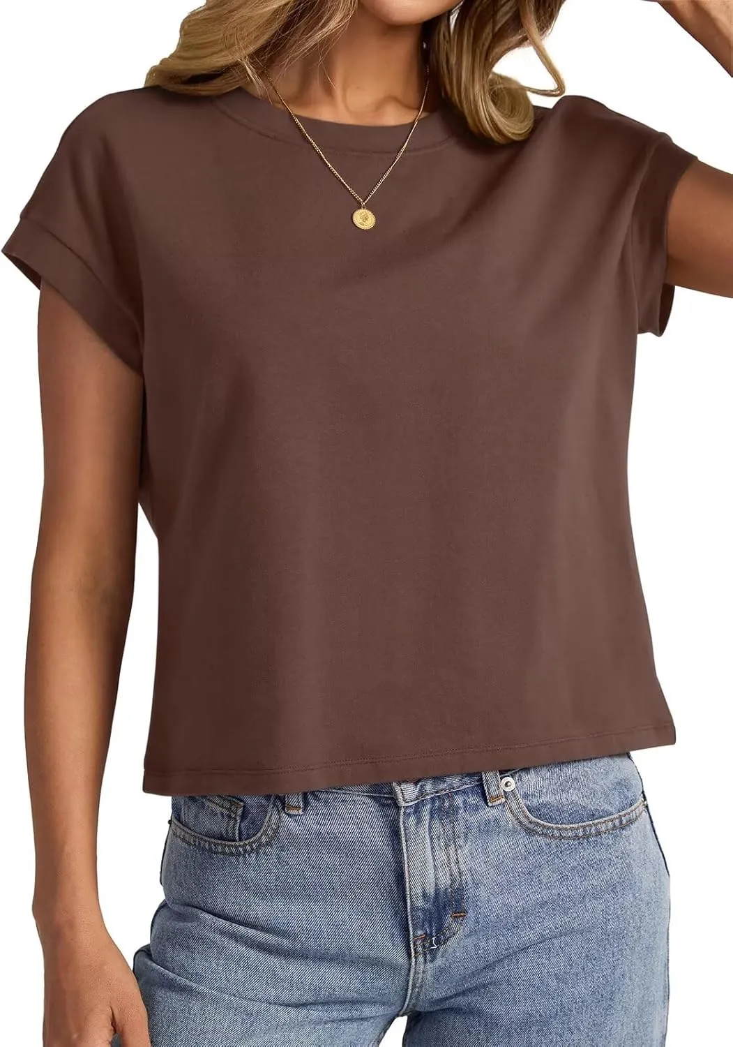 Womens Cap Sleeve Crop Tops Cotton T Shirts Crewneck Loose Fit Short Sleeves Tee Summer Fashion Clothes 2025