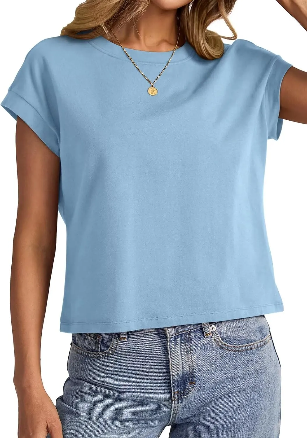 Womens Cap Sleeve Crop Tops Cotton T Shirts Crewneck Loose Fit Short Sleeves Tee Summer Fashion Clothes 2025