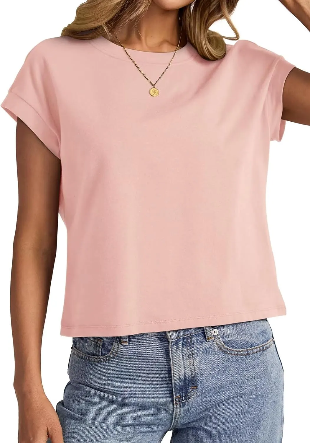 Womens Cap Sleeve Crop Tops Cotton T Shirts Crewneck Loose Fit Short Sleeves Tee Summer Fashion Clothes 2025