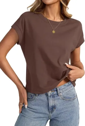 Womens Cap Sleeve Crop Tops Cotton T Shirts Crewneck Loose Fit Short Sleeves Tee Summer Fashion Clothes 2025