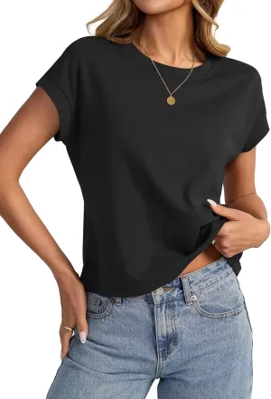 Womens Cap Sleeve Crop Tops Cotton T Shirts Crewneck Loose Fit Short Sleeves Tee Summer Fashion Clothes 2025