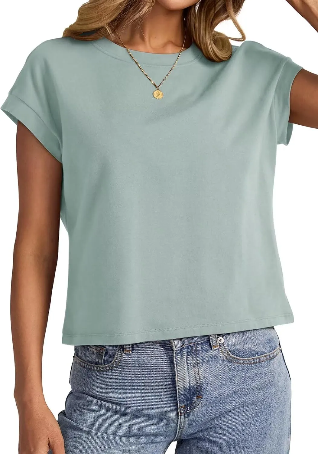 Womens Cap Sleeve Crop Tops Cotton T Shirts Crewneck Loose Fit Short Sleeves Tee Summer Fashion Clothes 2025