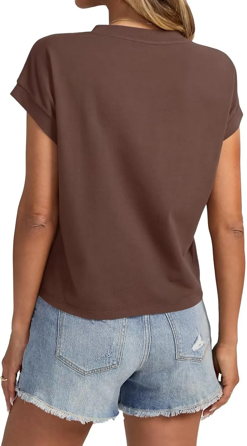 Womens Cap Sleeve Crop Tops Cotton T Shirts Crewneck Loose Fit Short Sleeves Tee Summer Fashion Clothes 2025