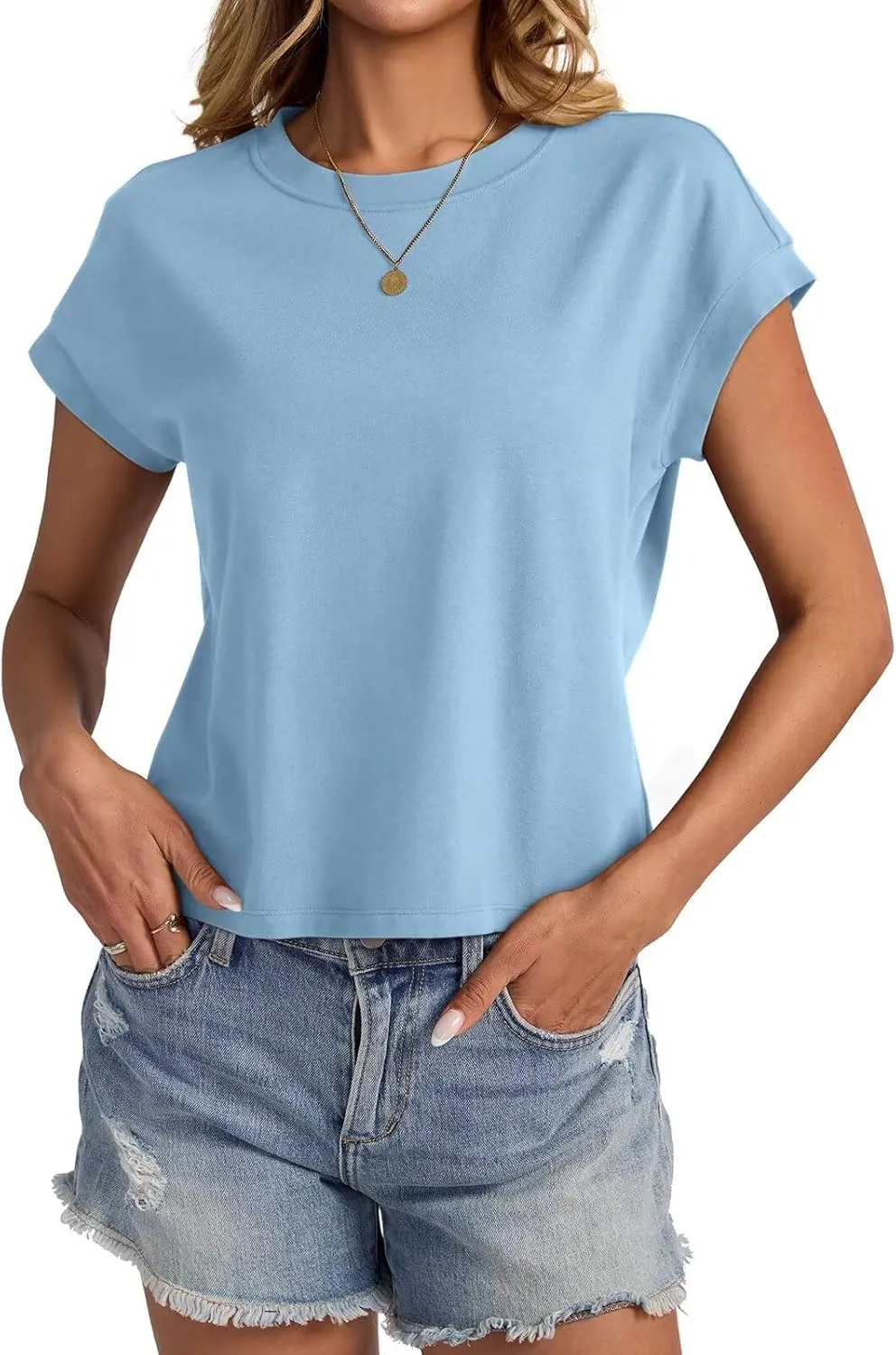 Womens Cap Sleeve Crop Tops Cotton T Shirts Crewneck Loose Fit Short Sleeves Tee Summer Fashion Clothes 2025