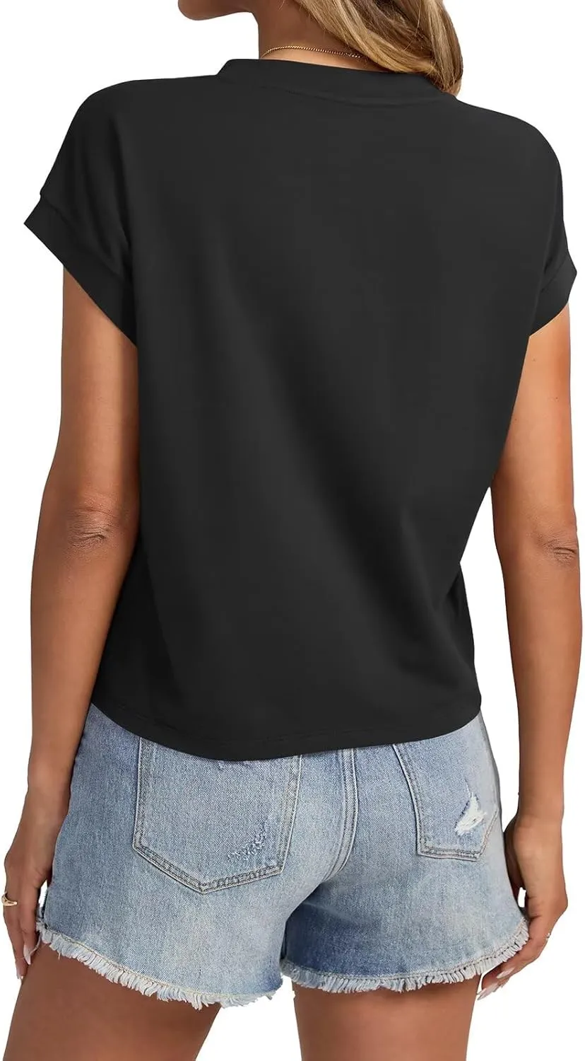 Womens Cap Sleeve Crop Tops Cotton T Shirts Crewneck Loose Fit Short Sleeves Tee Summer Fashion Clothes 2025