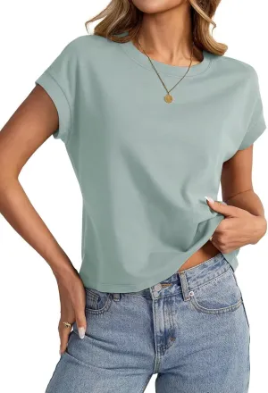 Womens Cap Sleeve Crop Tops Cotton T Shirts Crewneck Loose Fit Short Sleeves Tee Summer Fashion Clothes 2025