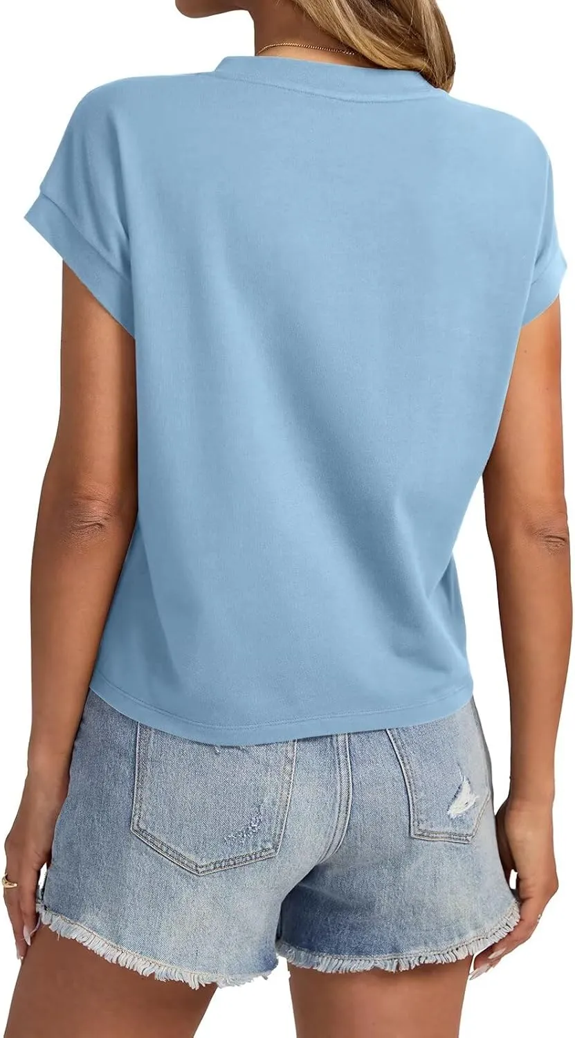 Womens Cap Sleeve Crop Tops Cotton T Shirts Crewneck Loose Fit Short Sleeves Tee Summer Fashion Clothes 2025