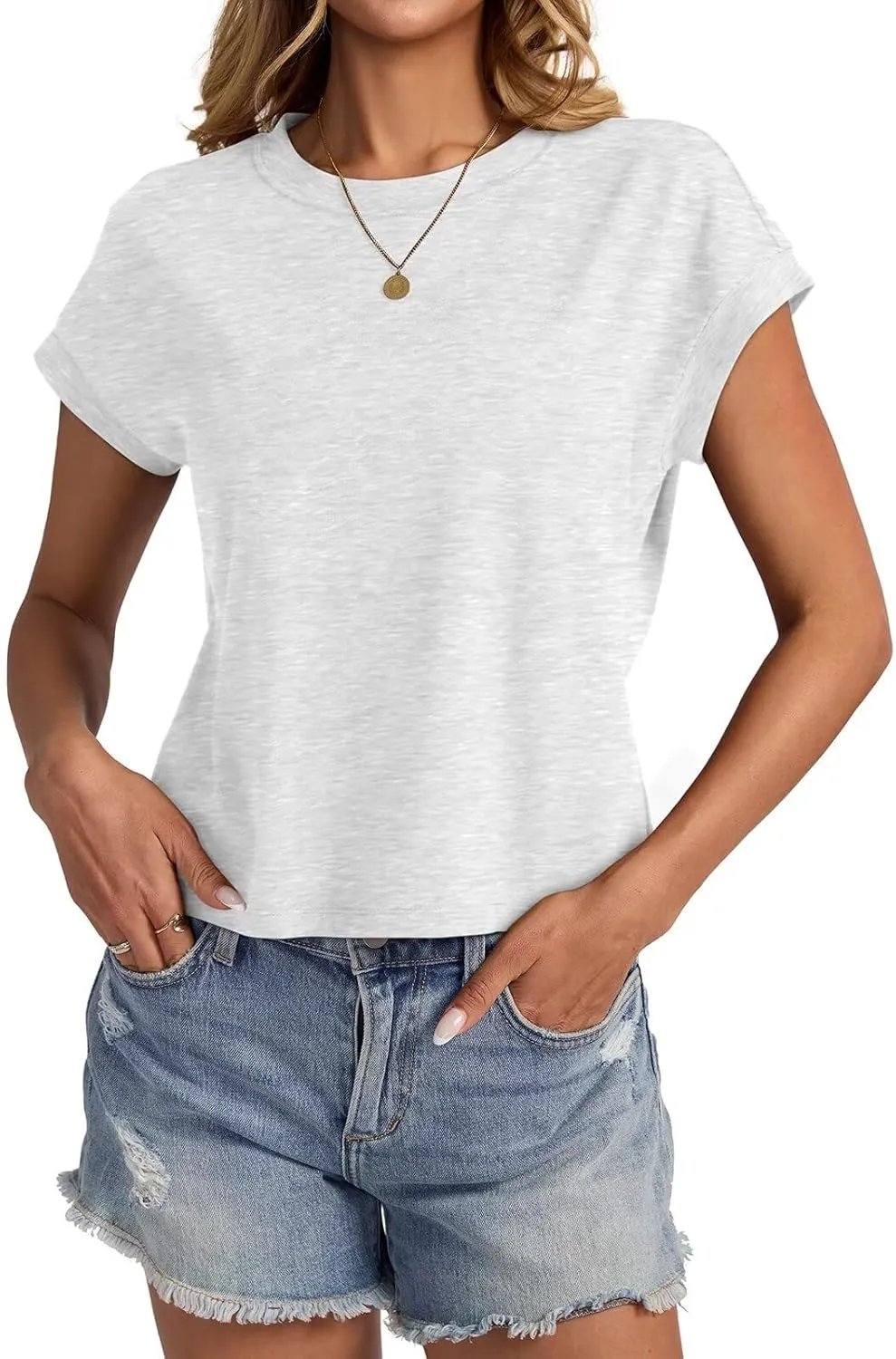 Womens Cap Sleeve Crop Tops Cotton T Shirts Crewneck Loose Fit Short Sleeves Tee Summer Fashion Clothes 2025