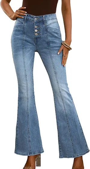Women's Casual Button Up Cropped Bell Bottom Jeans High Waisted Patchwork Stretch Wide Flare Leg Denim Pants