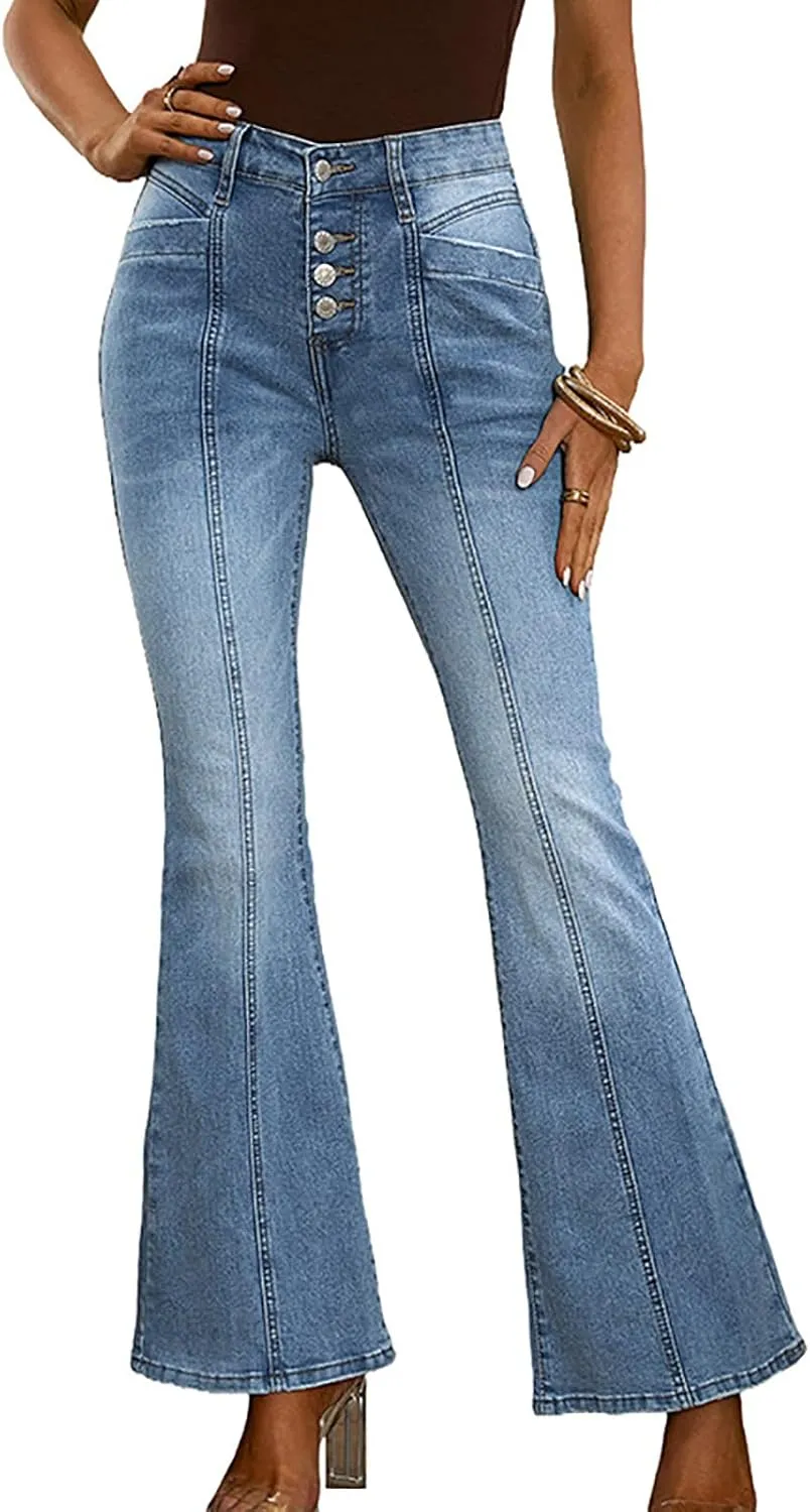Women's Casual Button Up Cropped Bell Bottom Jeans High Waisted Patchwork Stretch Wide Flare Leg Denim Pants