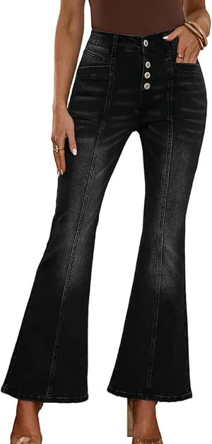 Women's Casual Button Up Cropped Bell Bottom Jeans High Waisted Patchwork Stretch Wide Flare Leg Denim Pants