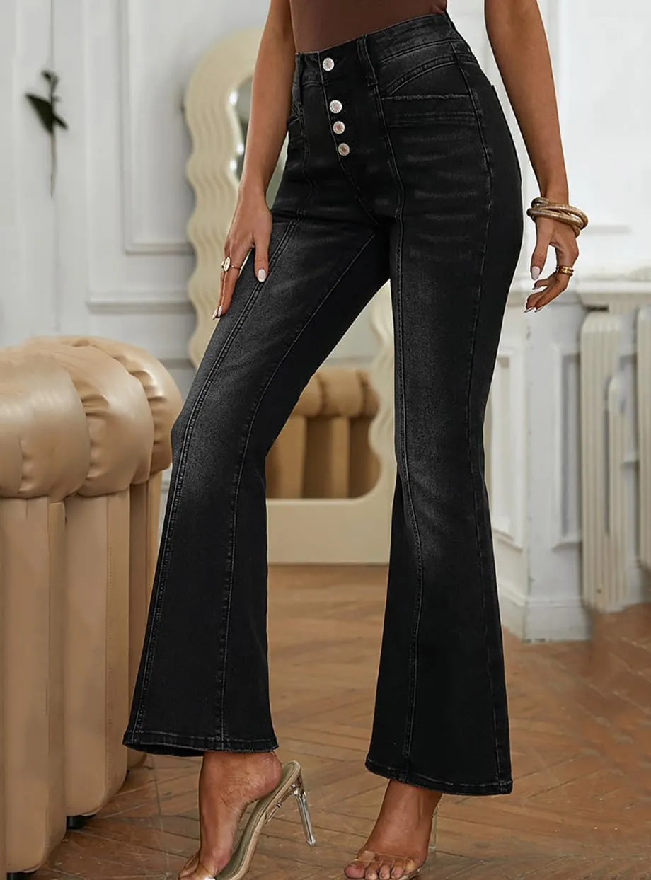 Women's Casual Button Up Cropped Bell Bottom Jeans High Waisted Patchwork Stretch Wide Flare Leg Denim Pants