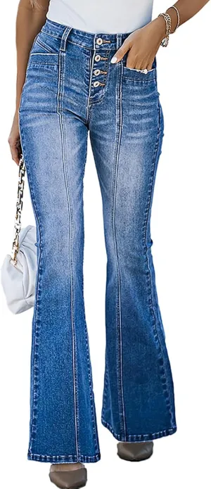 Women's Casual Button Up Cropped Bell Bottom Jeans High Waisted Patchwork Stretch Wide Flare Leg Denim Pants