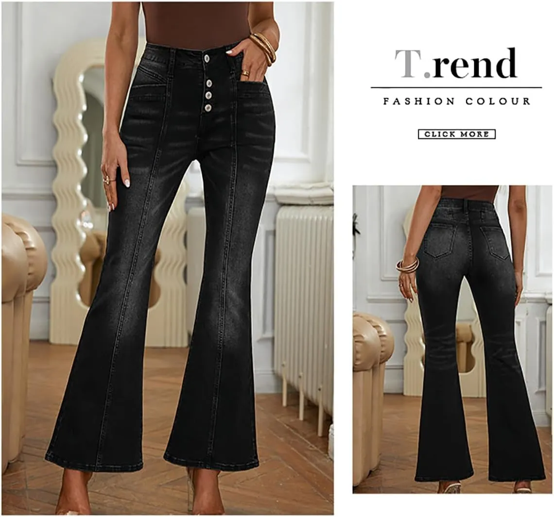 Women's Casual Button Up Cropped Bell Bottom Jeans High Waisted Patchwork Stretch Wide Flare Leg Denim Pants