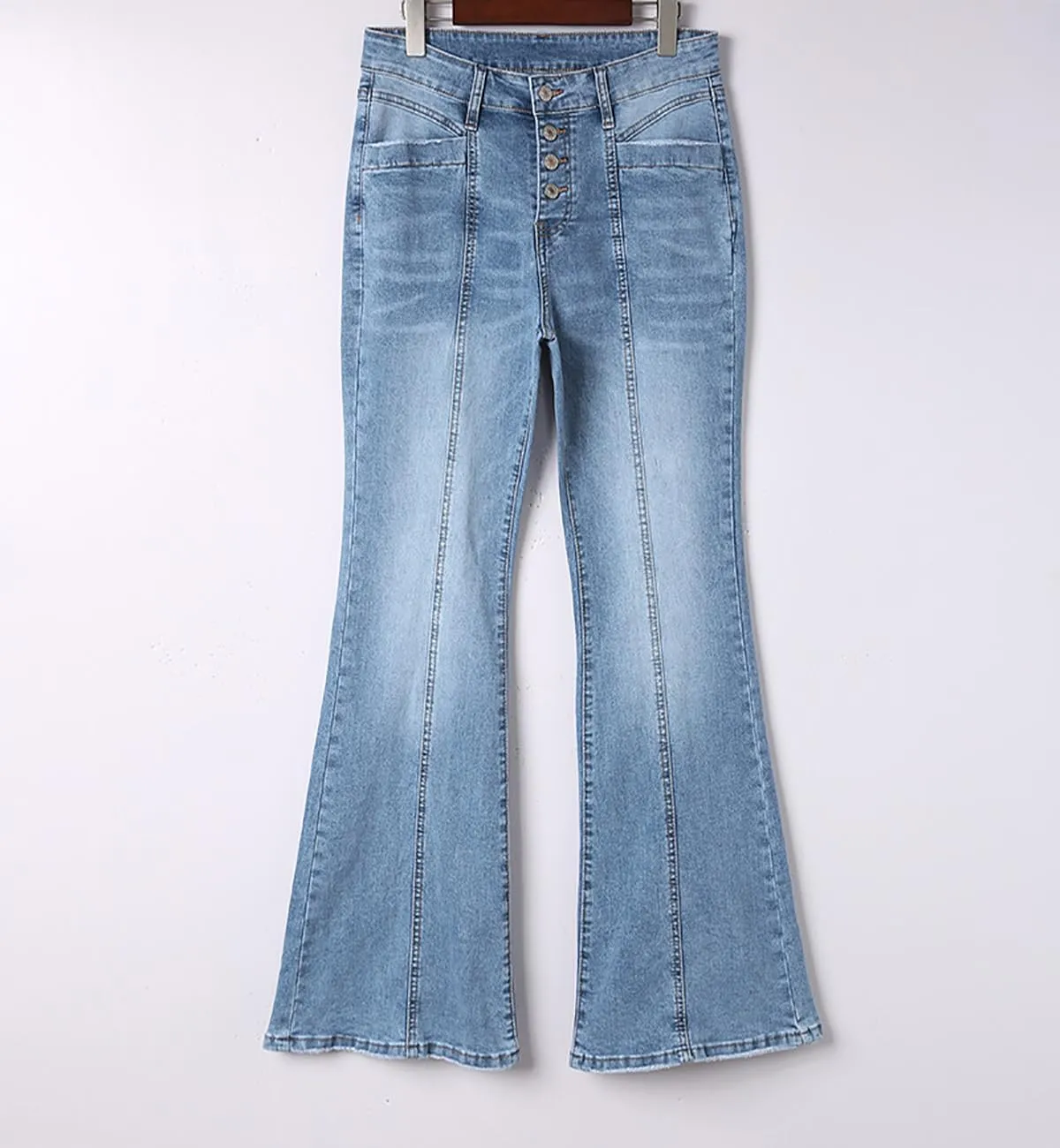 Women's Casual Button Up Cropped Bell Bottom Jeans High Waisted Patchwork Stretch Wide Flare Leg Denim Pants