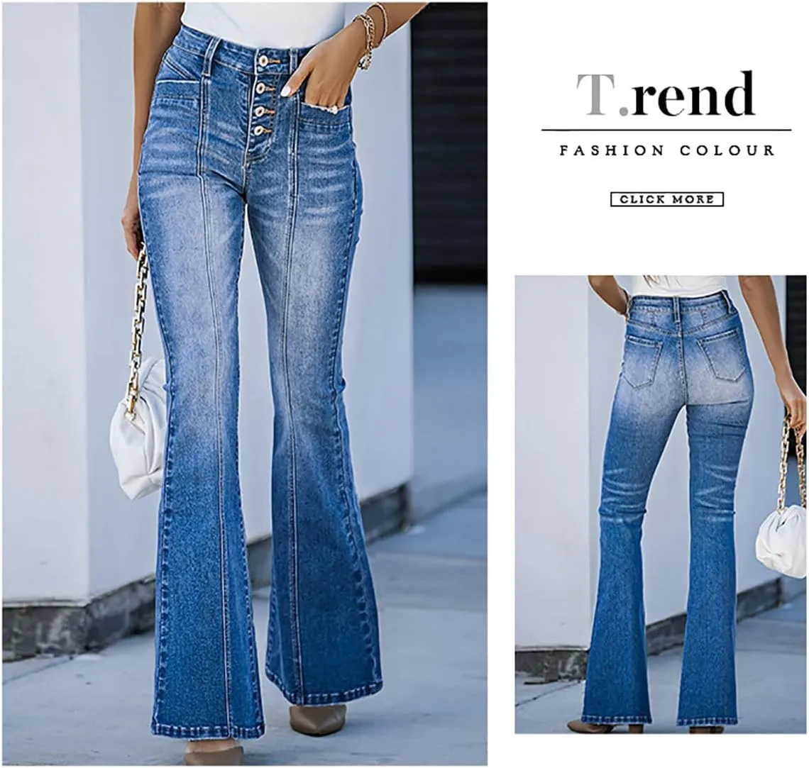 Women's Casual Button Up Cropped Bell Bottom Jeans High Waisted Patchwork Stretch Wide Flare Leg Denim Pants
