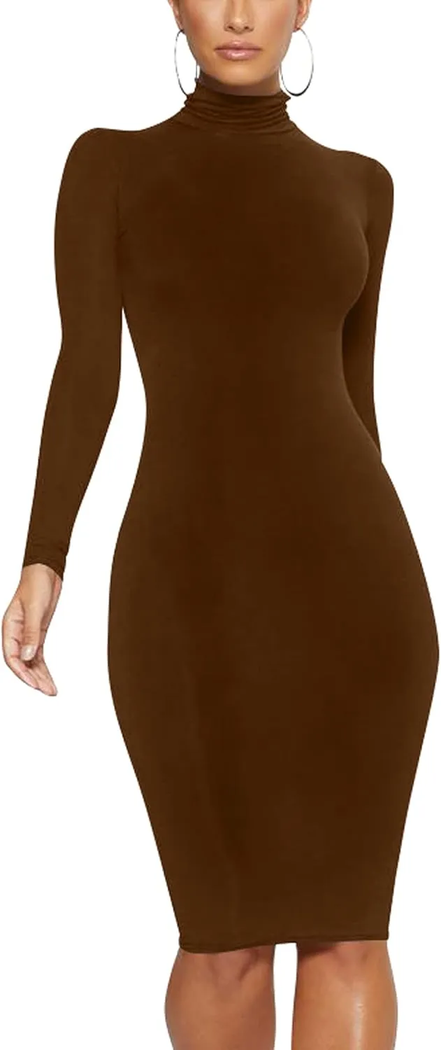 Women's Casual Long Sleeve Bodycon Sexy Turtleneck Midi Club Party Pencil Dresses