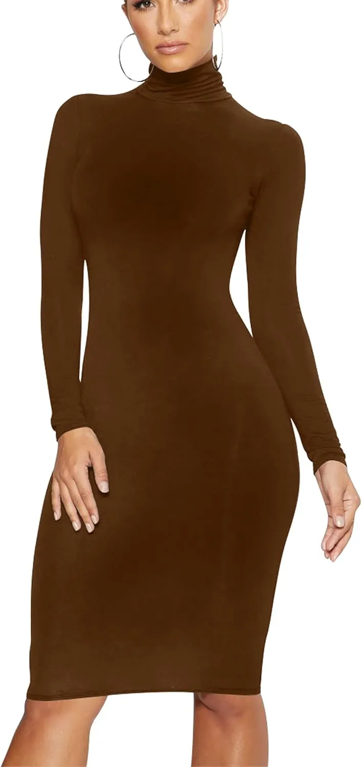 Women's Casual Long Sleeve Bodycon Sexy Turtleneck Midi Club Party Pencil Dresses