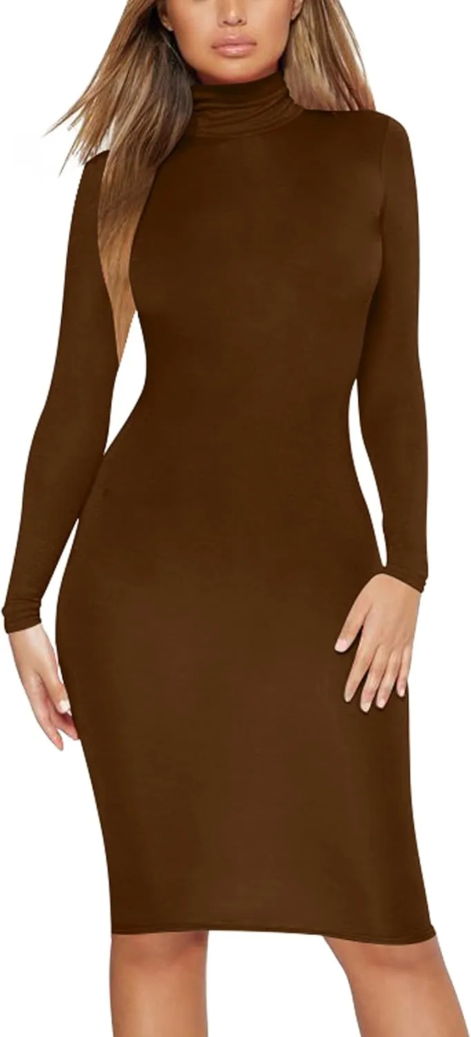 Women's Casual Long Sleeve Bodycon Sexy Turtleneck Midi Club Party Pencil Dresses