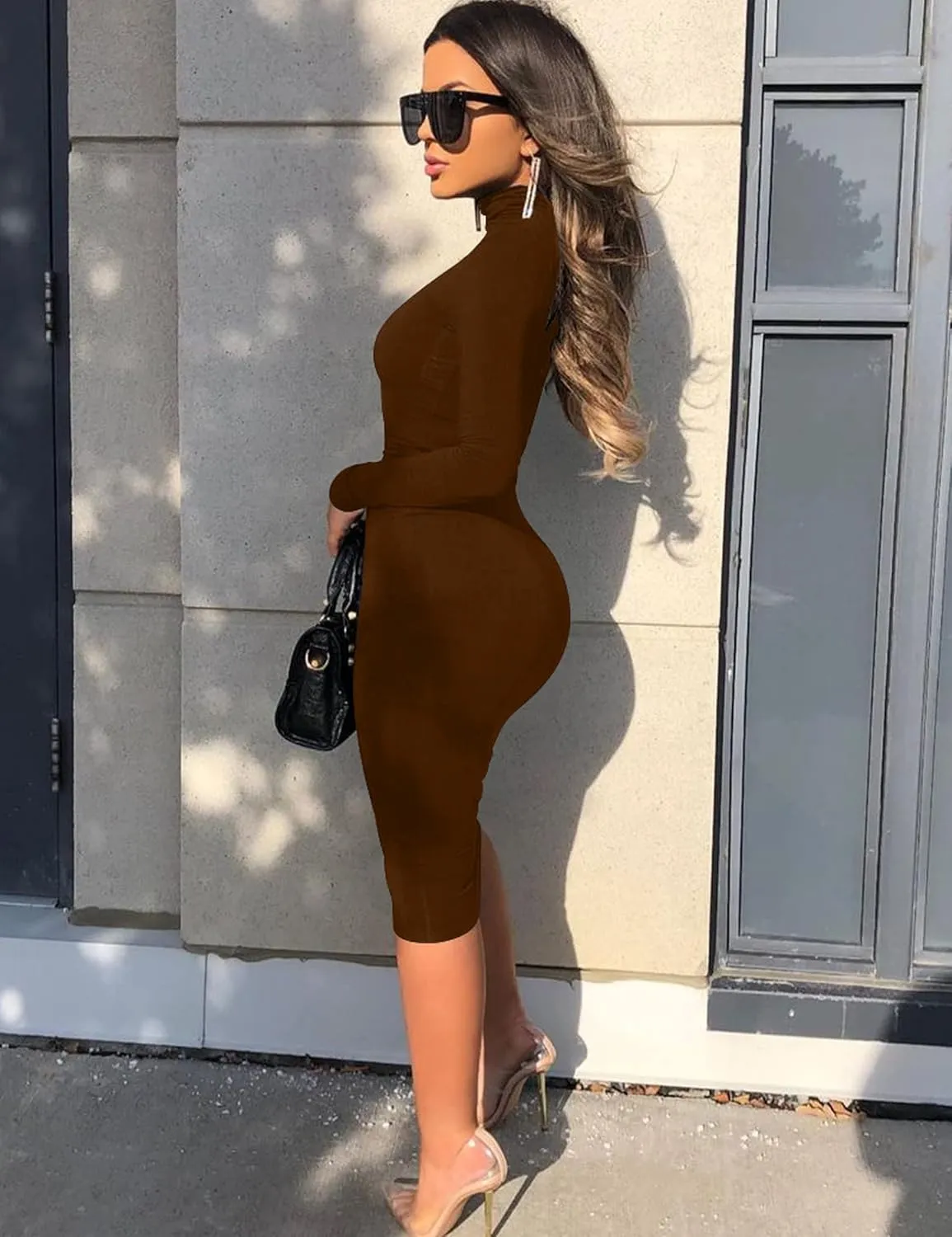 Women's Casual Long Sleeve Bodycon Sexy Turtleneck Midi Club Party Pencil Dresses