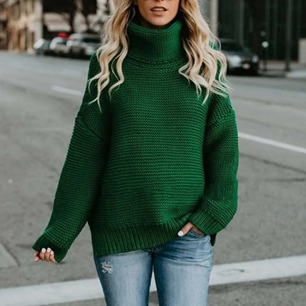Women's Casual Long Sleeve Turtleneck Ribbed Knitted Striped Sweater Pullover Oversized Soft Blouse Tops Plus Size
