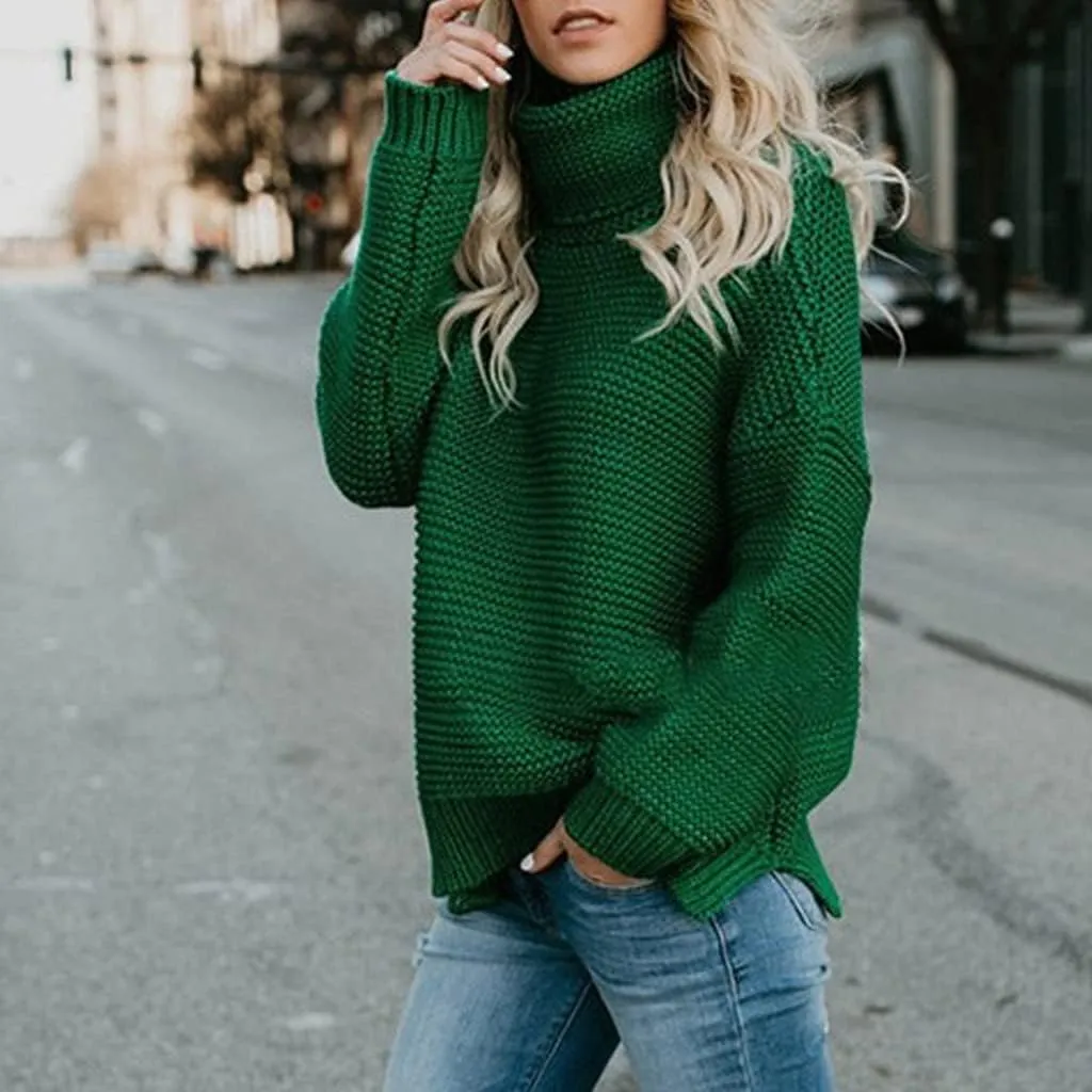 Women's Casual Long Sleeve Turtleneck Ribbed Knitted Striped Sweater Pullover Oversized Soft Blouse Tops Plus Size