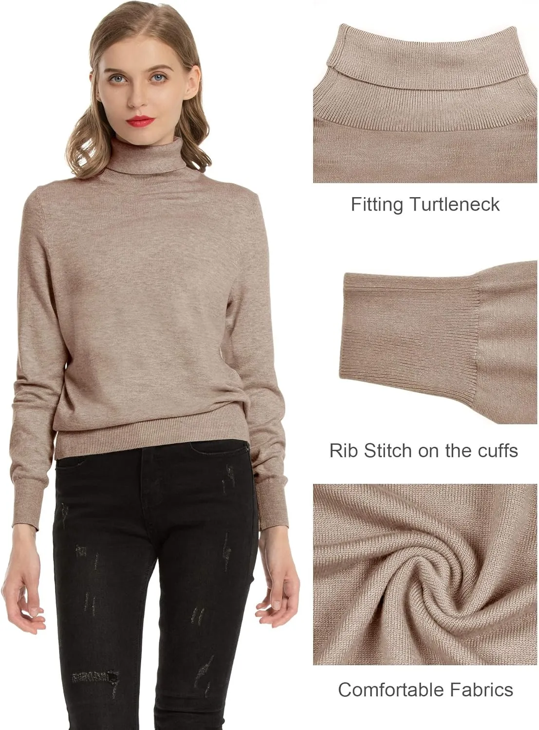 Women's Casual Long Sleeve Turtleneck Sweater Lightweight Knit Pullover Jumper Tops for Fall Winter
