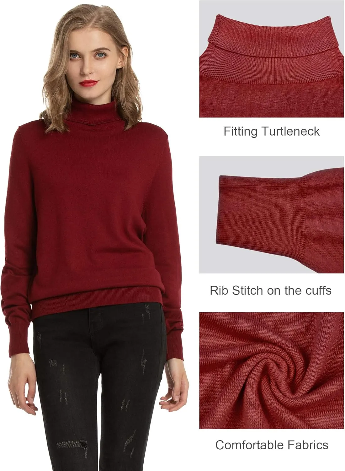 Women's Casual Long Sleeve Turtleneck Sweater Lightweight Knit Pullover Jumper Tops for Fall Winter