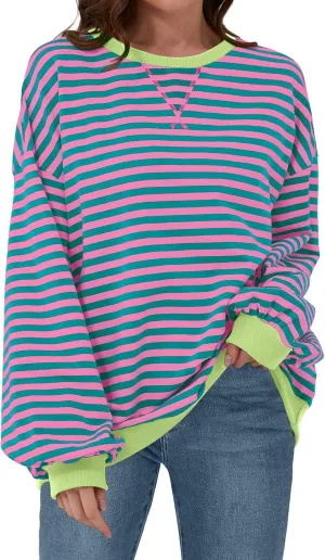 Womens Casual Striped Oversized Sweatshirts Long Sleeve Crewneck Hoodies Shirts Loose Pullover Top