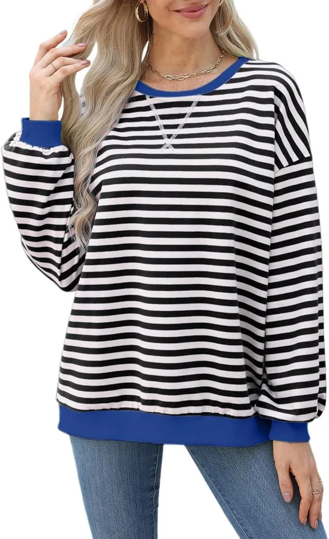 Womens Casual Striped Oversized Sweatshirts Long Sleeve Crewneck Hoodies Shirts Loose Pullover Top