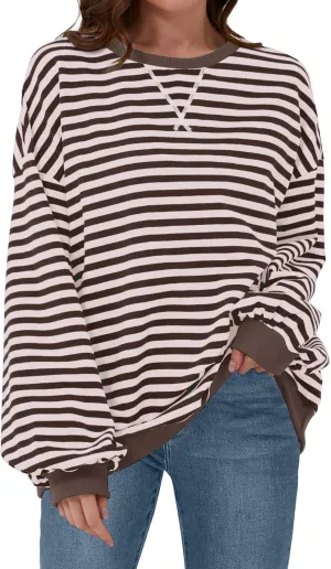 Womens Casual Striped Oversized Sweatshirts Long Sleeve Crewneck Hoodies Shirts Loose Pullover Top