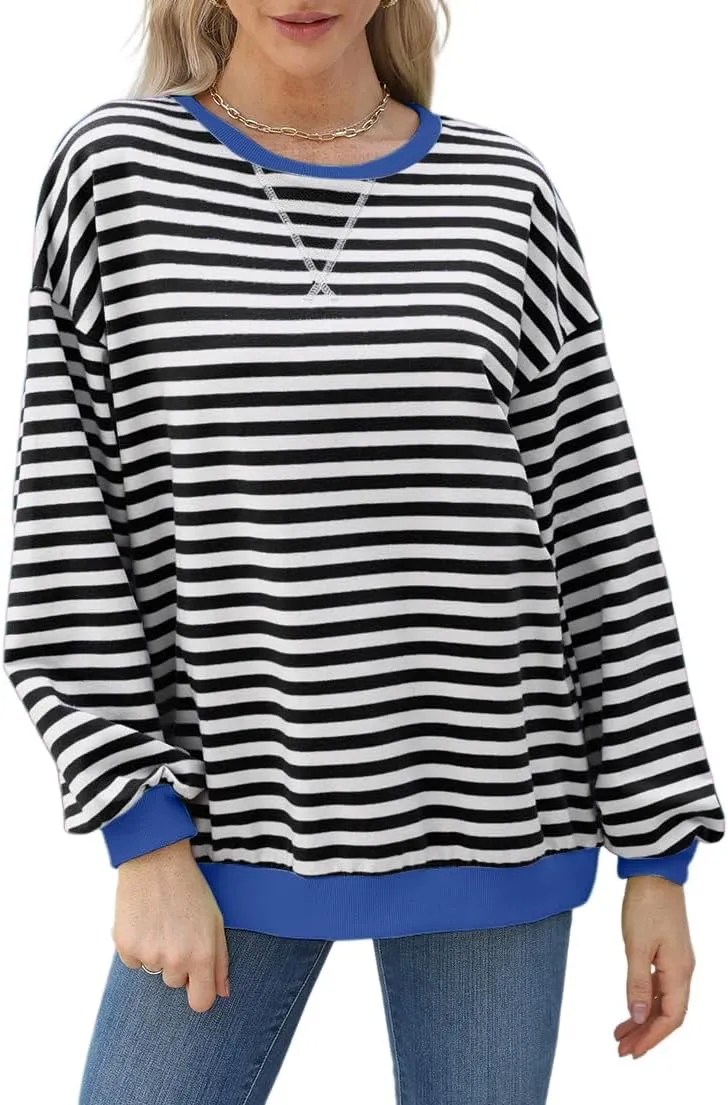 Womens Casual Striped Oversized Sweatshirts Long Sleeve Crewneck Hoodies Shirts Loose Pullover Top