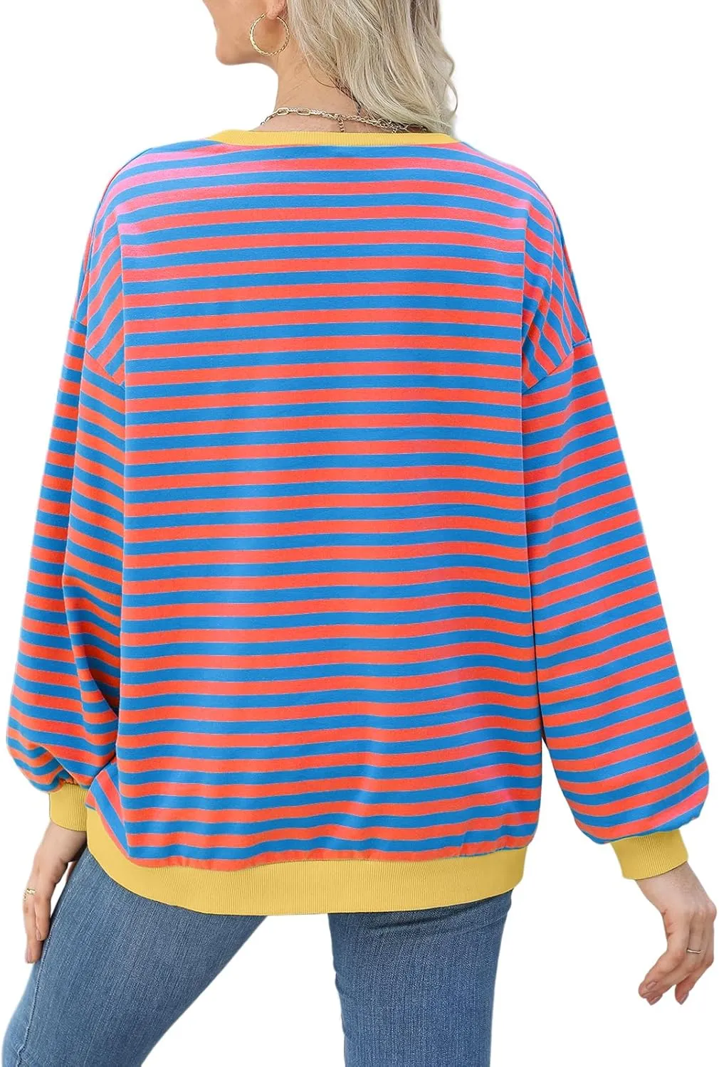 Womens Casual Striped Oversized Sweatshirts Long Sleeve Crewneck Hoodies Shirts Loose Pullover Top