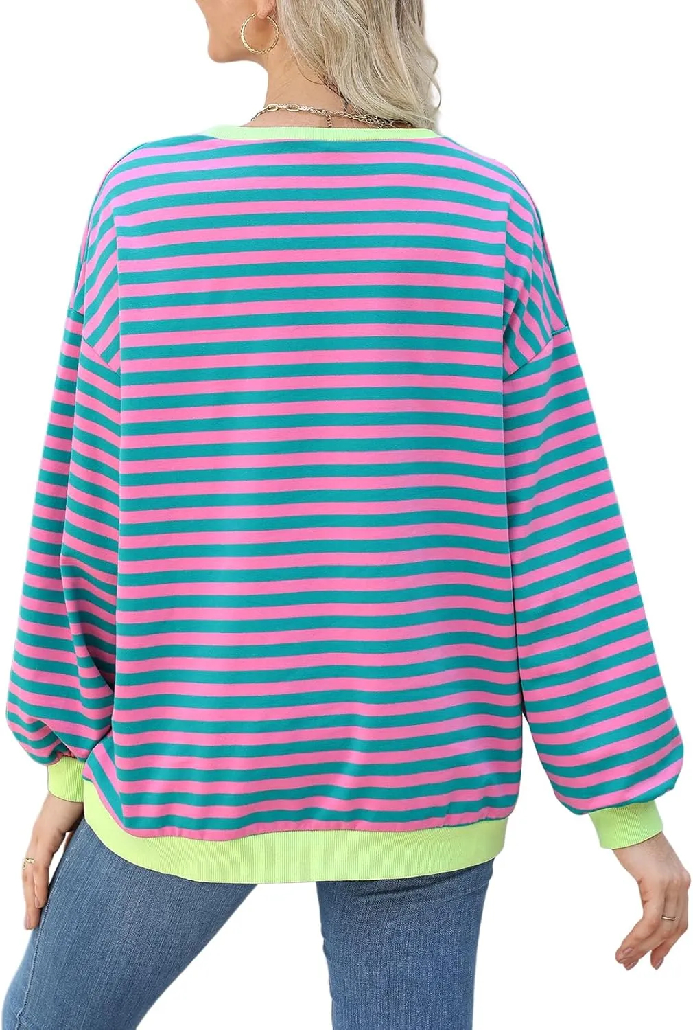 Womens Casual Striped Oversized Sweatshirts Long Sleeve Crewneck Hoodies Shirts Loose Pullover Top