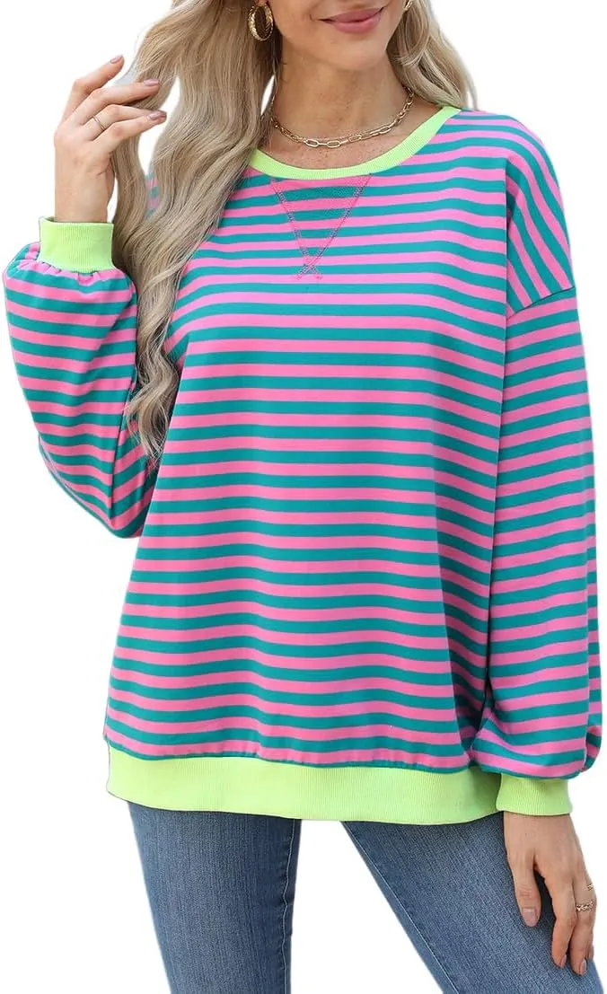 Womens Casual Striped Oversized Sweatshirts Long Sleeve Crewneck Hoodies Shirts Loose Pullover Top