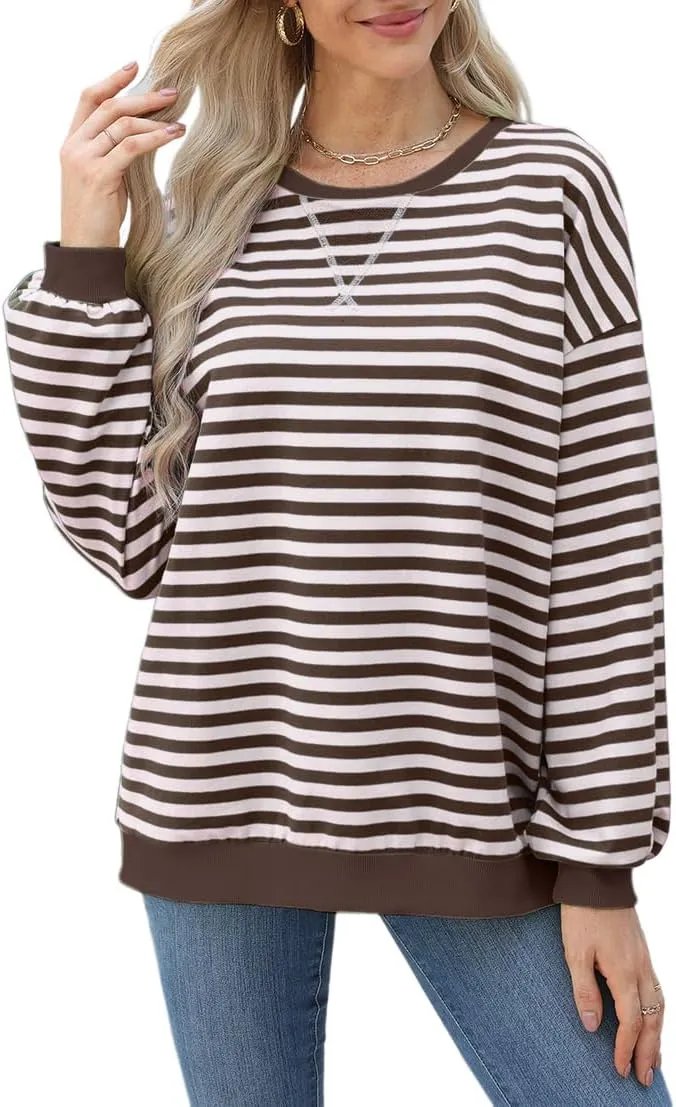 Womens Casual Striped Oversized Sweatshirts Long Sleeve Crewneck Hoodies Shirts Loose Pullover Top
