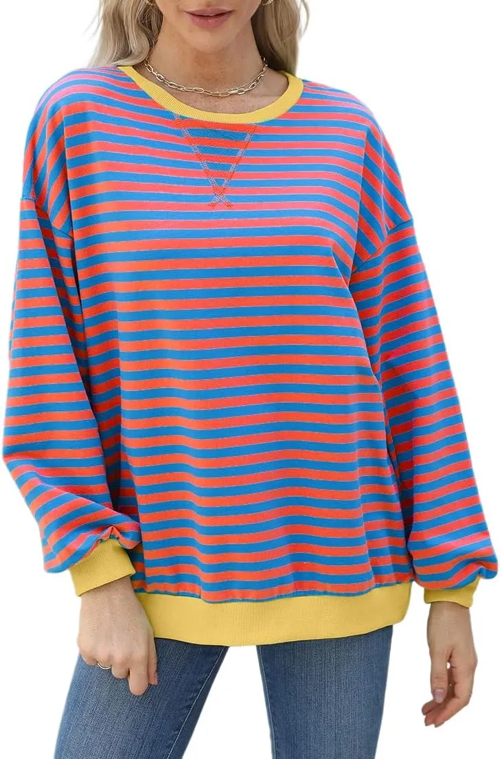 Womens Casual Striped Oversized Sweatshirts Long Sleeve Crewneck Hoodies Shirts Loose Pullover Top