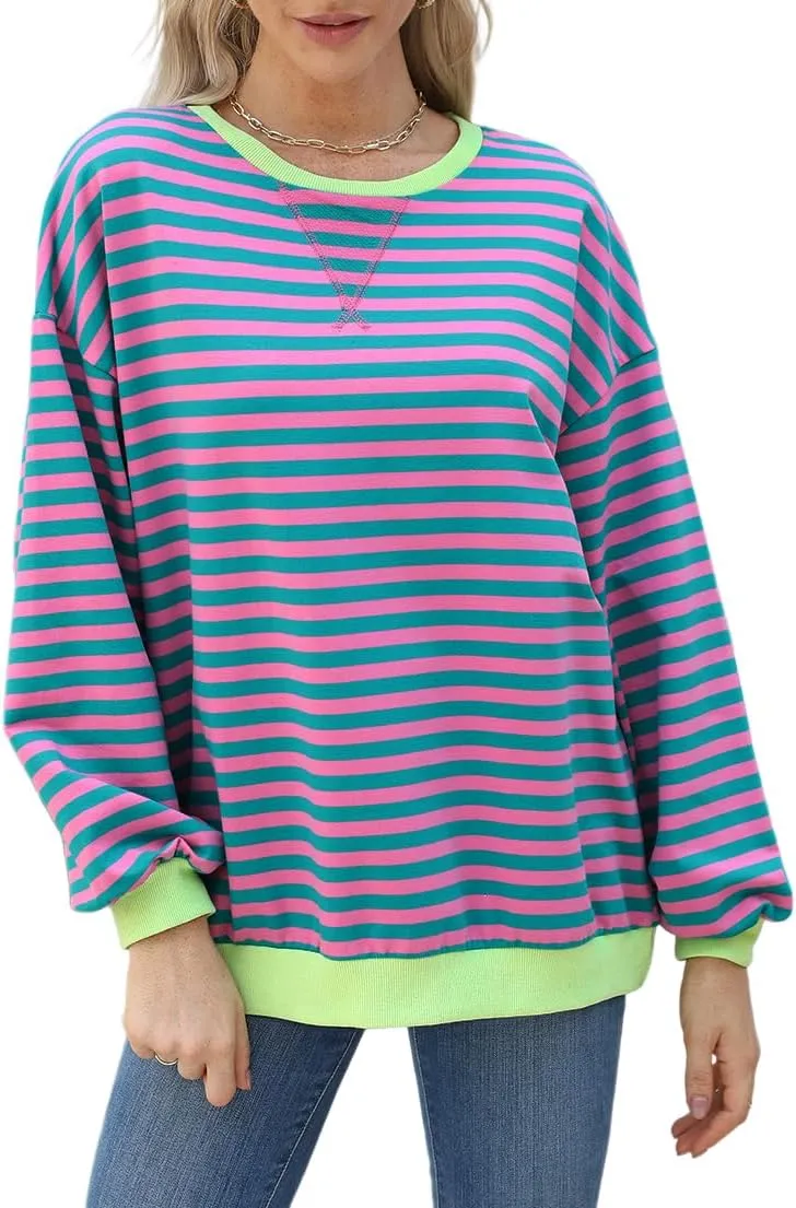 Womens Casual Striped Oversized Sweatshirts Long Sleeve Crewneck Hoodies Shirts Loose Pullover Top