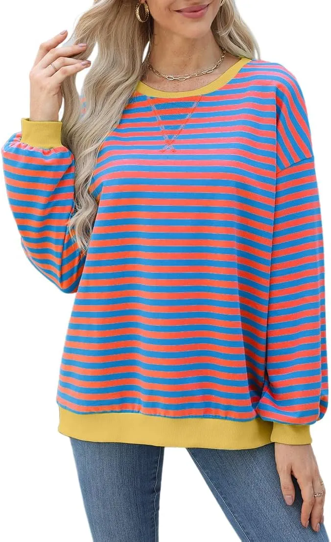 Womens Casual Striped Oversized Sweatshirts Long Sleeve Crewneck Hoodies Shirts Loose Pullover Top