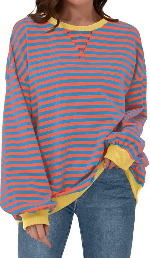 Womens Casual Striped Oversized Sweatshirts Long Sleeve Crewneck Hoodies Shirts Loose Pullover Top