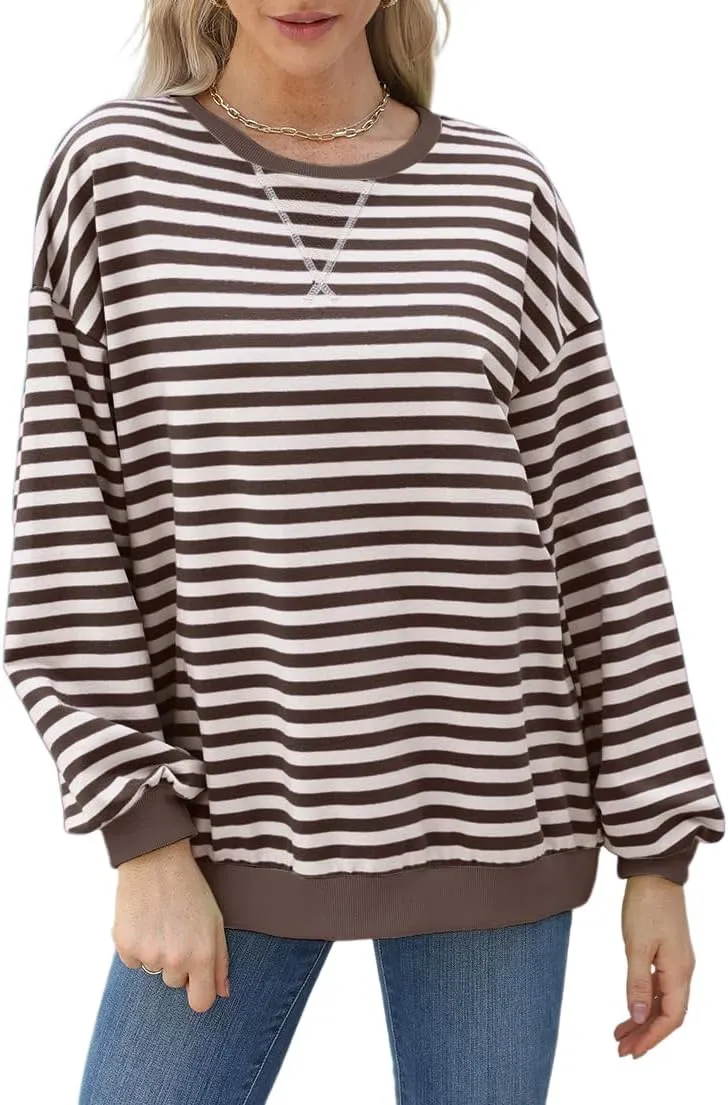Womens Casual Striped Oversized Sweatshirts Long Sleeve Crewneck Hoodies Shirts Loose Pullover Top