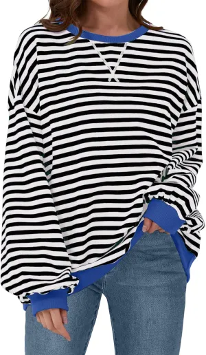Womens Casual Striped Oversized Sweatshirts Long Sleeve Crewneck Hoodies Shirts Loose Pullover Top