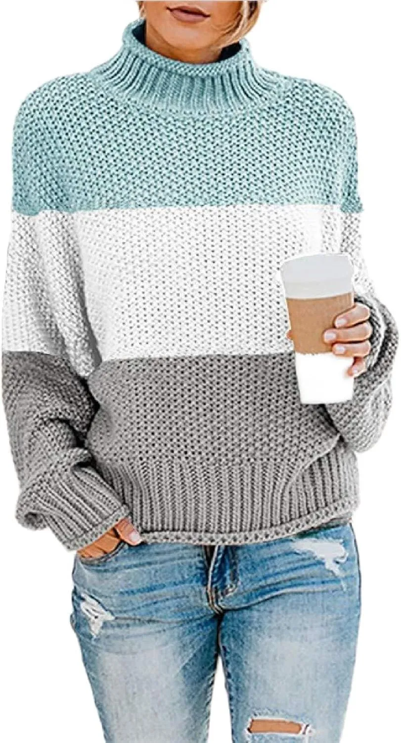Womens Chunky Cable Knitted Sweaters Casual Loose Colorblocked Crew Neck Sweater 2024 Winter New Knit Basic Sweaters