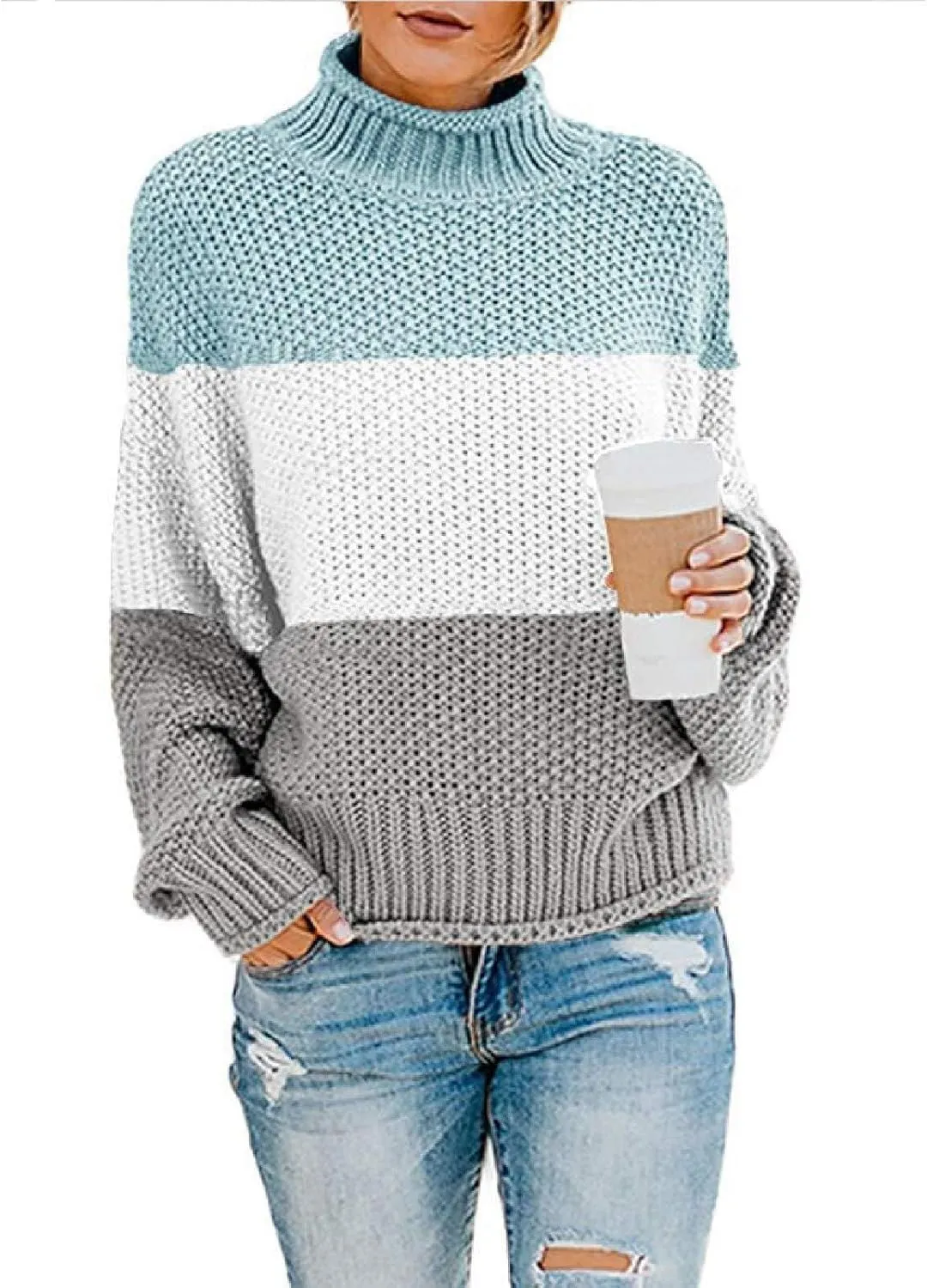 Womens Chunky Cable Knitted Sweaters Casual Loose Colorblocked Crew Neck Sweater 2024 Winter New Knit Basic Sweaters