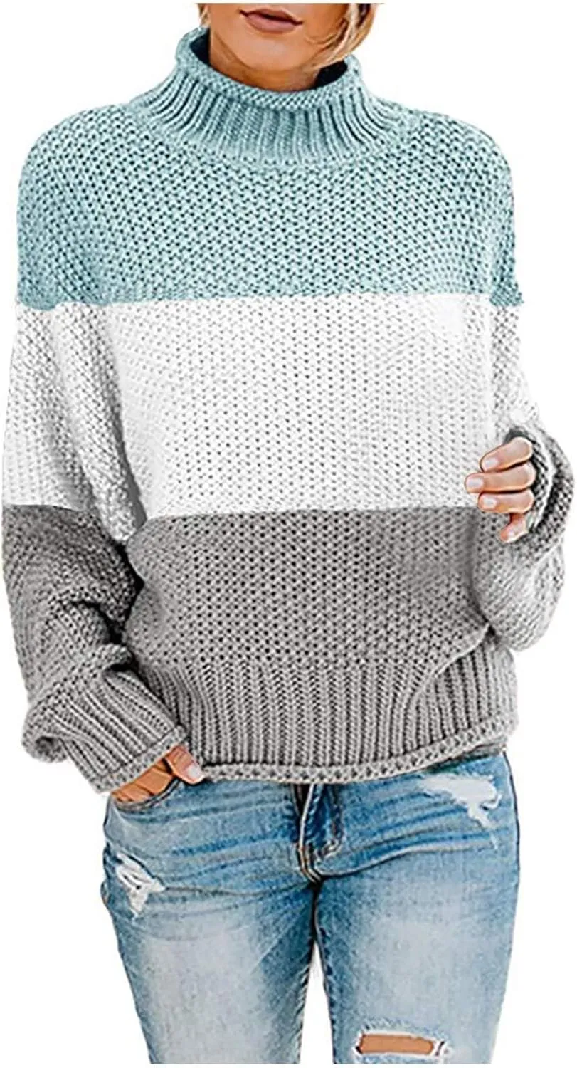Womens Chunky Cable Knitted Sweaters Casual Loose Colorblocked Crew Neck Sweater 2024 Winter New Knit Basic Sweaters